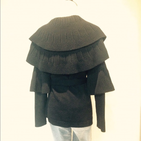 EllieTahari Tiered Collar Black Wool Belt Cardigan - Picture 2 of 4